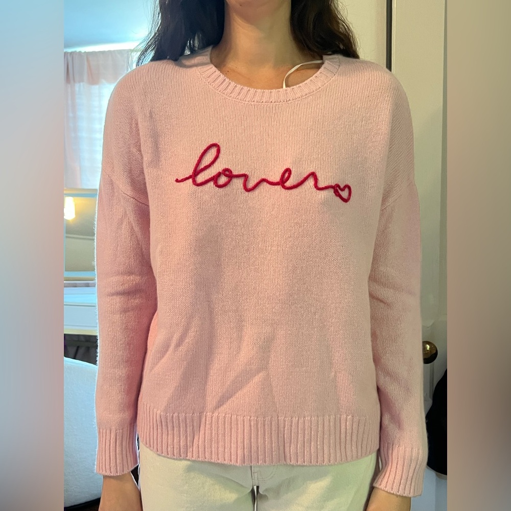 Charming Pink Crew Neck Sweater with Red Love Embroidery